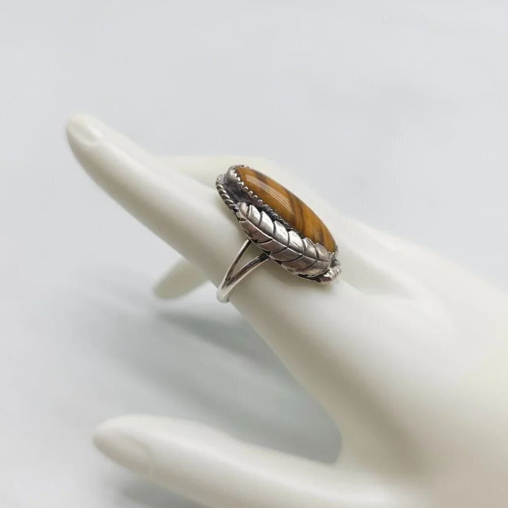 Vintage Sterling Silver Dead Pawn Tigers Eye Oval Ring Size 7.5